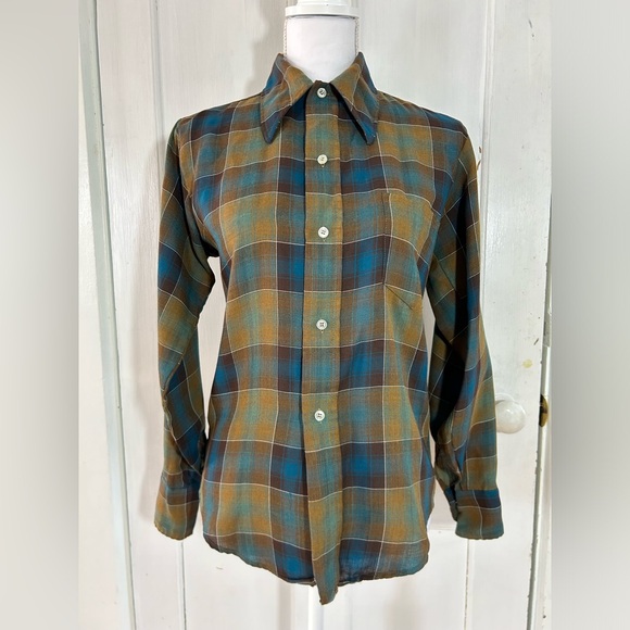 Vintage Tops - Early 70’s Blue, Green and Brown Plaid Button Down Shirt size 16